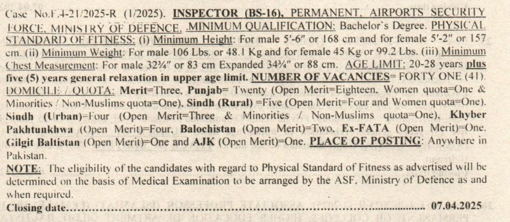 FPSC ASF Inspector Jobs 2025 Advertisement 12025