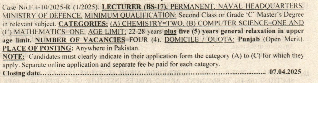 FPSC Advertisement for Lecturer Jobs 2025 Naval Headquarters Islamabad