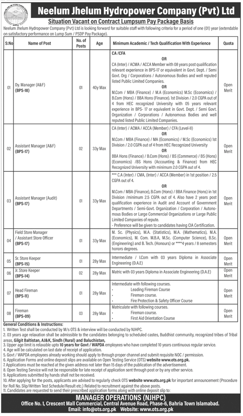 Wapda OTS Jobs 2025 Advertisement for Neelum Jhelum Hydropower Company