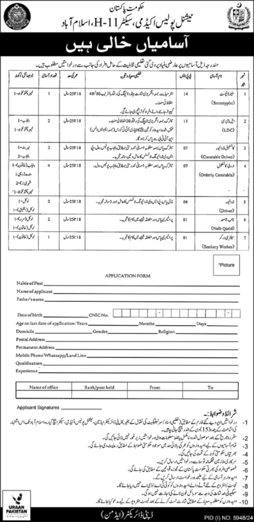 National Police Academy Islamabad Jobs 2025